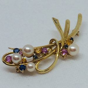 K18 パール　カラーストーン付きブローチ